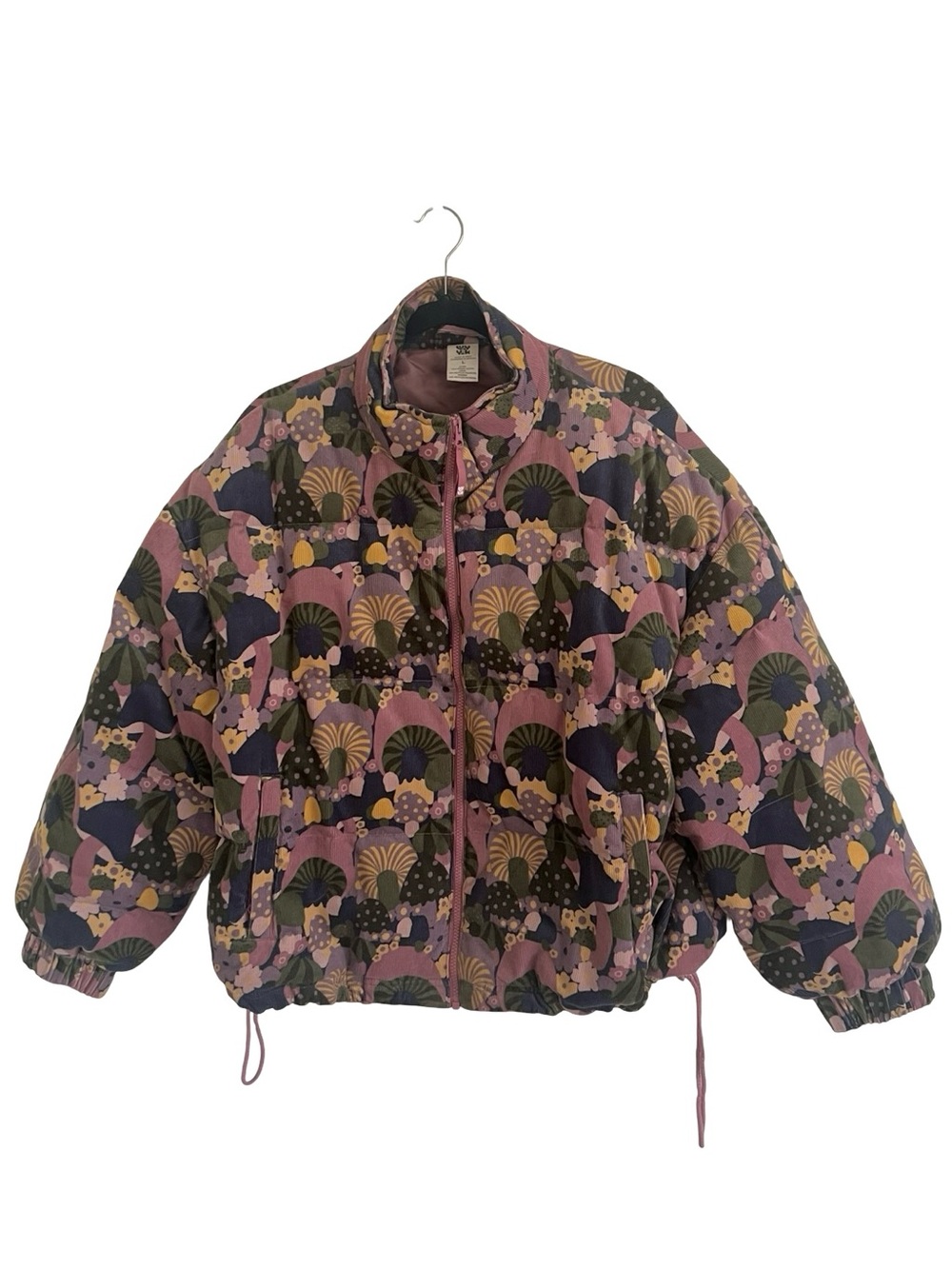 Lucy & Yak Pink Printed Paloma Cord Puffer Jacket in Portabello Mushroom Large